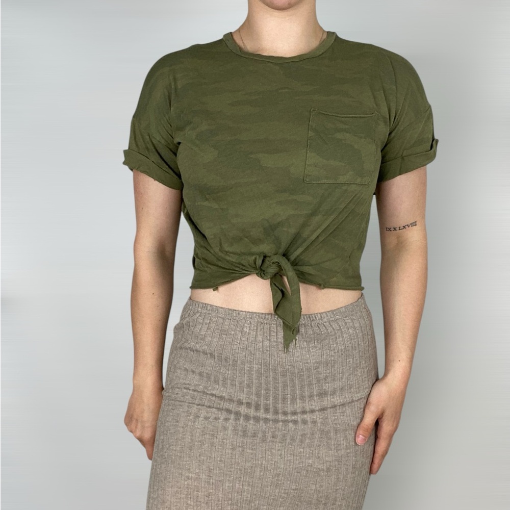 NSF Arlene Front Tie Tee Crop Top in Camo Pocket Raw‎ Cut Roll Hem